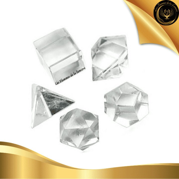 5 solides de Platon en Cristal de Roche de Qualité AA - Géométrie sacrée disponible chez Les Flammes de la Lumière
