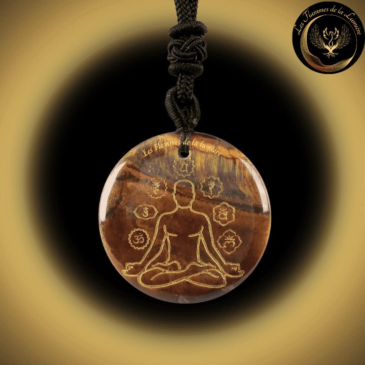 Beau Collier Chakra Yoga en Oeil de Tigre disponible chez Les Flammes de la LumiĂšre