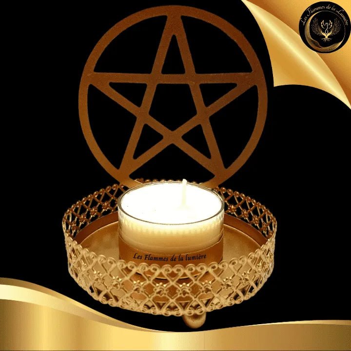 Magnifique Bougeoir doré à réflexion murale - Pentacle - 11cm disponible chez Les Flammes de la LumiÚre