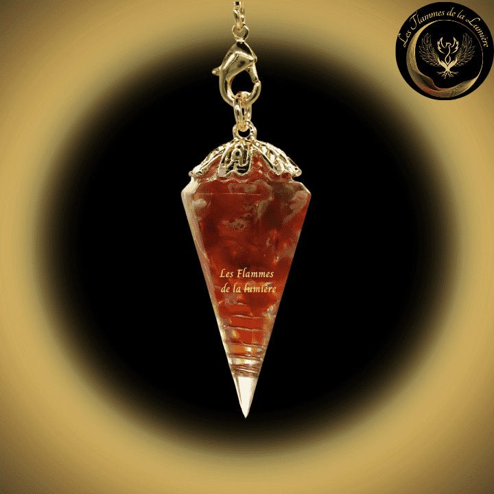Pendule Orgone cône en Agate rouge - Orgonite disponible chez Les Flammes de la Lumière