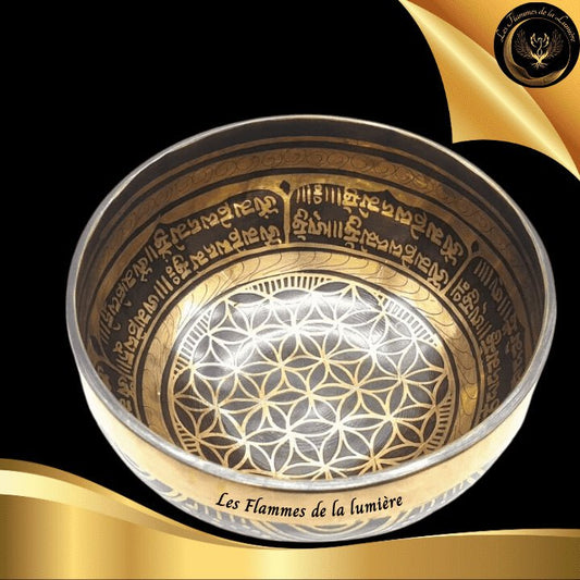 Magnifique Bol Tibétain en bronze pur - 15 cm - 700g - Géométrie Sacrée - Fleur de Vie disponible chez Les Flammes de la Lumière
