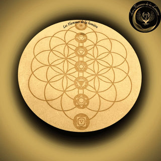 Plaque de Rechargement en bois 15 - 30 cm - Graine de Vie & 7 chakras disponible chez Les Flammes de la LumiĂšre