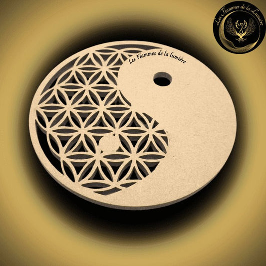 Plaque de Rechargement sculptée en bois 10 - 20 - 30 cm - Yin Yang & Fleur de Vie disponible chez Les Flammes de la Lumière