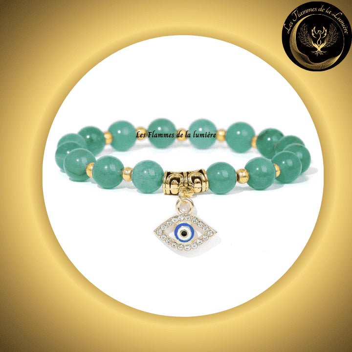 Très beau Bracelet en Aventurine Verte avec Oeil Turc de protection & de chance - 17 à 23 cm disponible chez Les Flammes de la Lumière