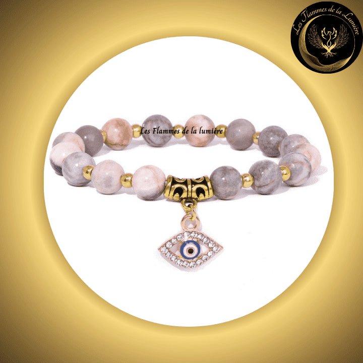 Très beau Bracelet en Jaspe zèbre rose avec Oeil Turc de protection & de chance - 17 à 23 cm disponible chez Les Flammes de la Lumière