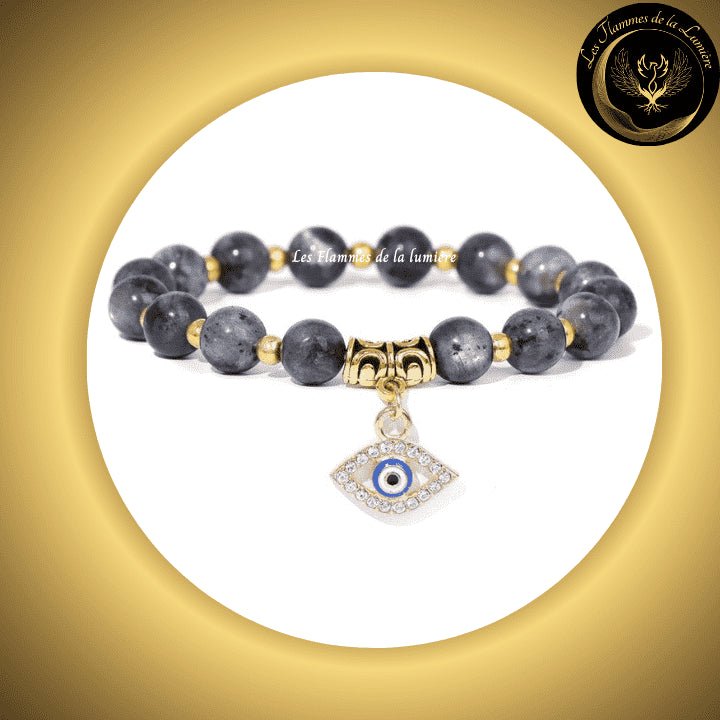Très beau Bracelet en Labradorite avec Oeil Turc de protection & de chance - 17 à 23 cm disponible chez Les Flammes de la Lumière