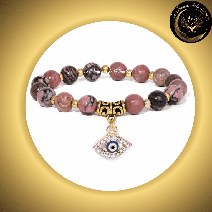 Très beau Bracelet en Rhodonite avec Oeil Turc de protection & de chance - 17 à 23 cm disponible chez Les Flammes de la Lumière