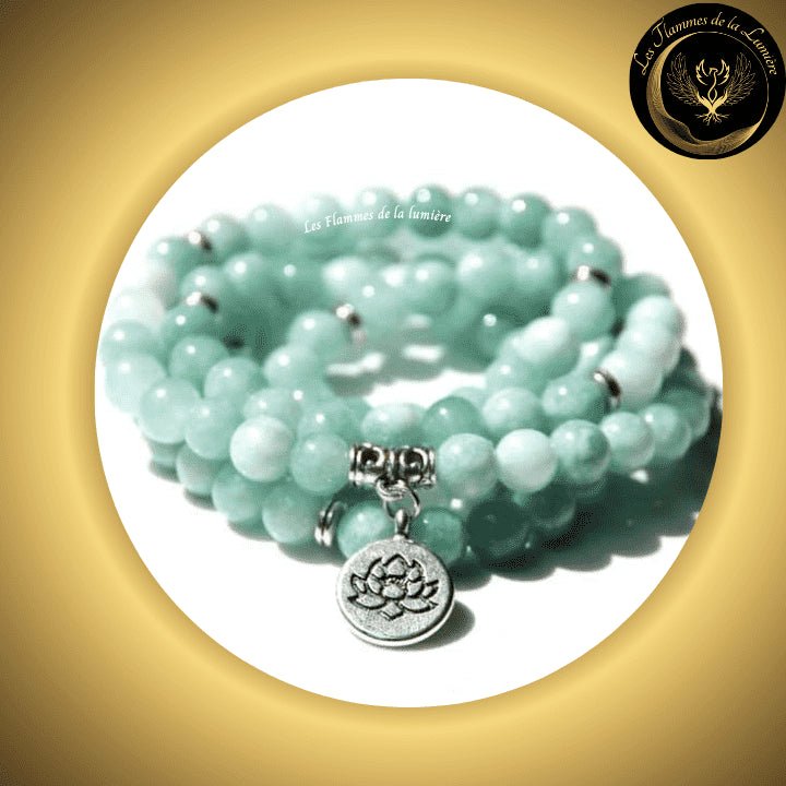 Fluorite - Très beau bracelet Mala Tibétain - Lotus - 108 perles - 8mm disponible chez Les Flammes de la Lumière