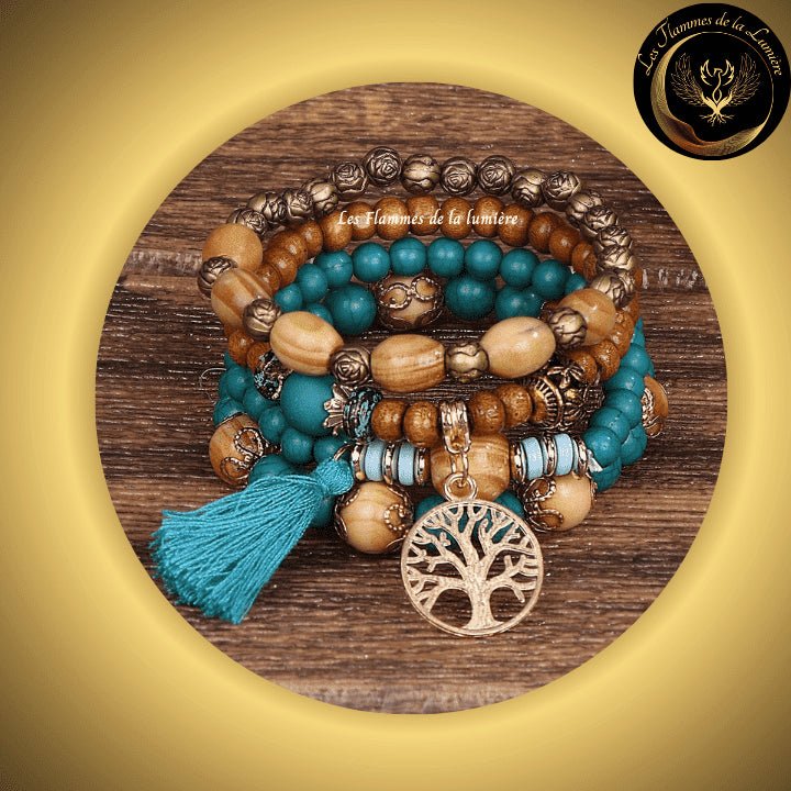 TrĂšs Bel Ensemble de 4 bracelets en Bois faits main - Arbre de Vie disponible chez Les Flammes de la LumiĂšre