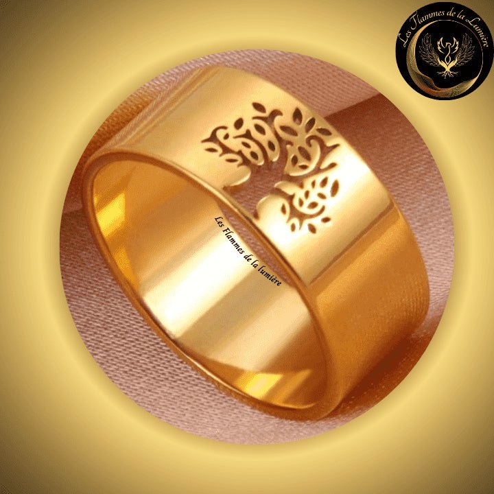 TrÚs Belle Bague - Arbre de vie - acier inoxydable - géométrie sacrée - doré disponible chez Les Flammes de la LumiÚre