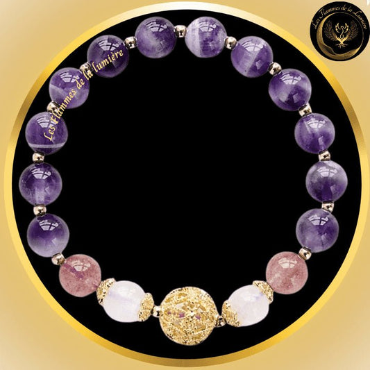 Très joli bracelet en Améthyste, Quartz Fraise & Pierre de Lune disponible chez Les Flammes de la Lumière