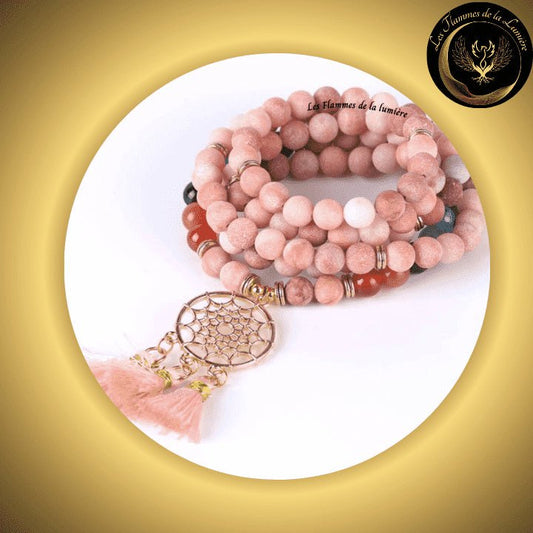 Aventurine Rose - Magnifique bracelet Mala Tibétain 7 chakras - Attrape-rêves - 108 perles - 8mm