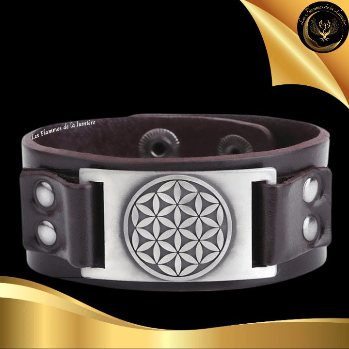 Beau bracelet en cuir véritable pour Homme - Fleur de Vie - Plusieurs coloris de plaques & de bracelets