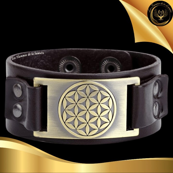 Beau bracelet en cuir véritable pour Homme - Fleur de Vie - Plusieurs coloris de plaques & de bracelets