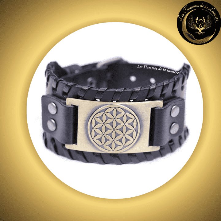 Beau bracelet en cuir véritable pour Homme - Fleur de Vie - Plusieurs coloris de plaque & de bracelets