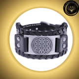 Beau bracelet en cuir véritable pour Homme - Fleur de Vie - Plusieurs coloris de plaque & de bracelets