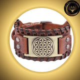 Beau bracelet en cuir véritable pour Homme - Fleur de Vie - Plusieurs coloris de plaque & de bracelets