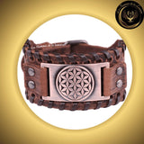 Beau bracelet en cuir véritable pour Homme - Fleur de Vie - Plusieurs coloris de plaque & de bracelets