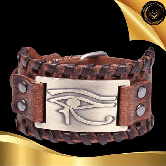 Beau bracelet en cuir véritable pour Homme - Oeil d'Horus - Plusieurs coloris de plaque & de bracelets disponible chez Les Flammes de la Lumière