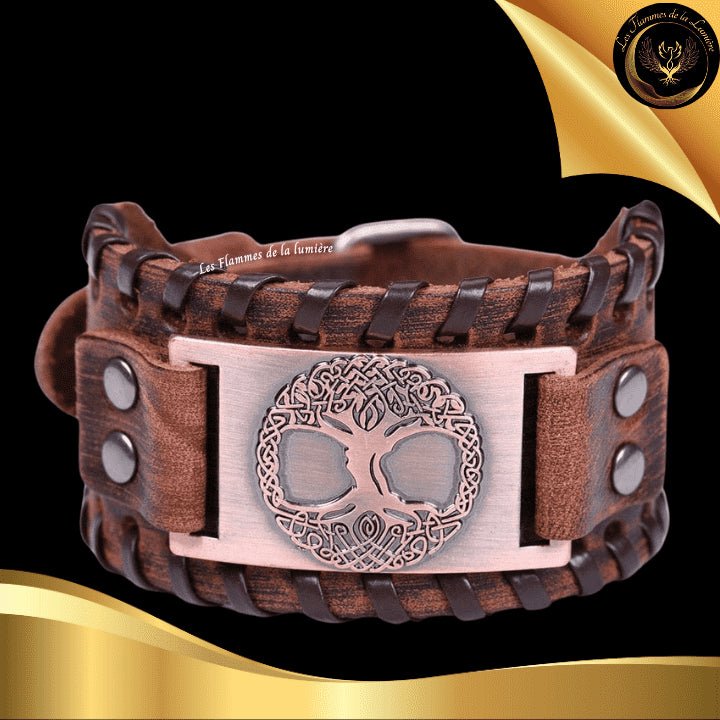 Beau bracelet en cuir véritable pour Homme - pentacle & Arbre de Vie - Plusieurs coloris de plaque & de bracelets disponible chez Les Flammes de la Lumière