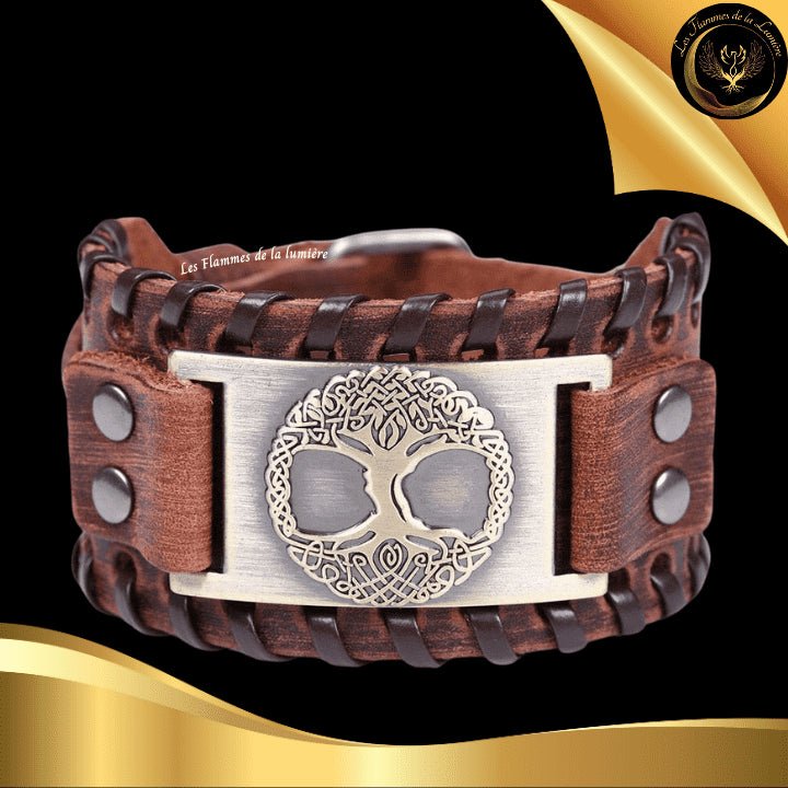 Beau bracelet en cuir véritable pour Homme - pentacle & Arbre de Vie - Plusieurs coloris de plaque & de bracelets disponible chez Les Flammes de la Lumière