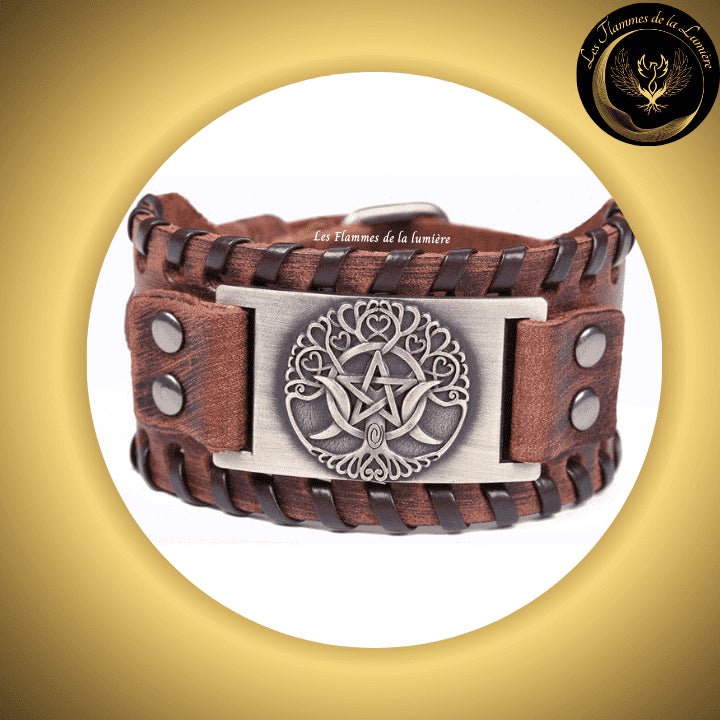 Beau bracelet en cuir véritable pour Homme - pentacle, triple lune & Arbre de Vie - Plusieurs coloris de plaque & de bracelet