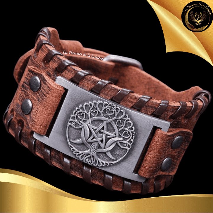 Beau bracelet en cuir véritable pour Homme - pentacle, triple lune & Arbre de Vie - Plusieurs coloris de plaque & de bracelet