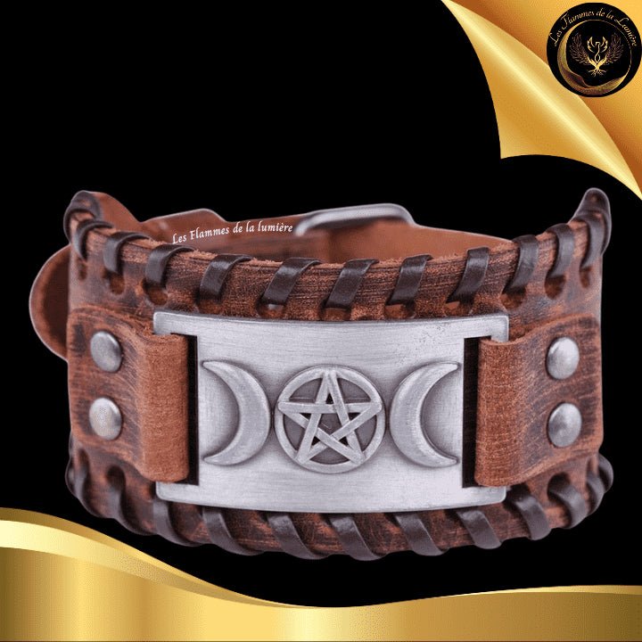 Beau bracelet en cuir véritable pour Homme - pentacle & triple lune - Plusieurs coloris de plaque & de bracelets disponible chez Les Flammes de la Lumière