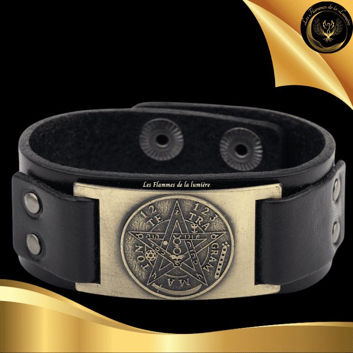 Beau bracelet en cuir véritable pour Homme - pentagramme - Plusieurs coloris de plaque & de bracelets disponible chez Les Flammes de la Lumière