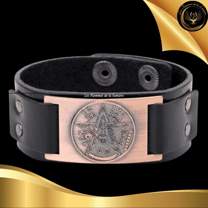 Beau bracelet en cuir véritable pour Homme - pentagramme - Plusieurs coloris de plaque & de bracelets disponible chez Les Flammes de la Lumière
