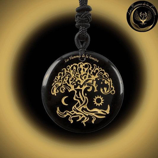 Beau Collier en Obsidienne noire avec la Géométrie Sacrée de l'Arbre de Vie disponible chez Les Flammes de la Lumière
