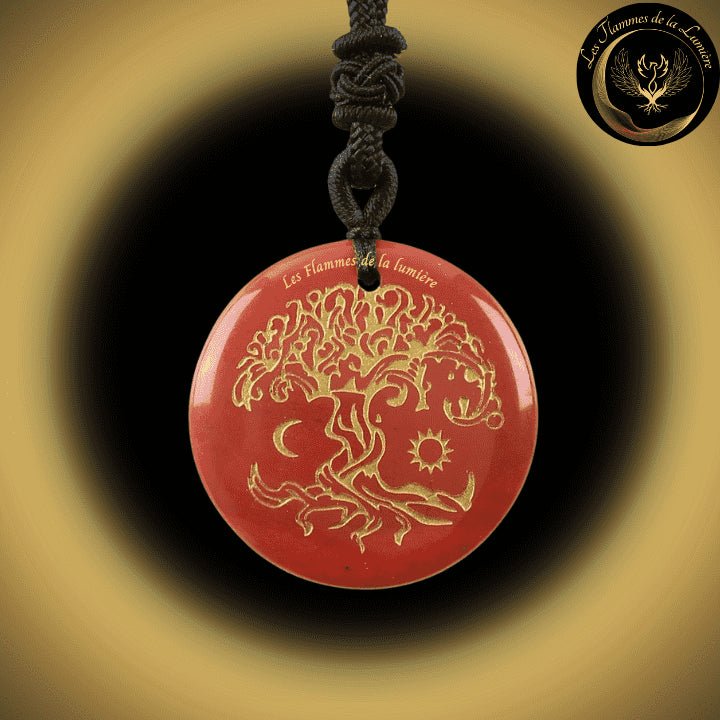 Beau Collier en Jaspe Rouge avec la Géométrie Sacrée de l'Arbre de Vie disponible chez Les Flammes de la Lumière