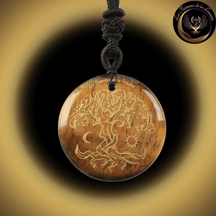 Beau Collier en Oeil de Tigre avec la Géométrie Sacrée de l'Arbre de Vie disponible chez Les Flammes de la Lumière