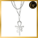 Beau collier Egyptien avec Croix Ankh et Oeil d'Horus - Acier inoxydable disponible chez Les Flammes de la Lumière