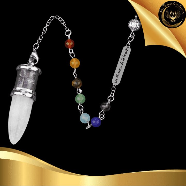 Beau Pendule 7 chakras - Cristal de Roche & Améthyste disponible chez Les Flammes de la Lumière