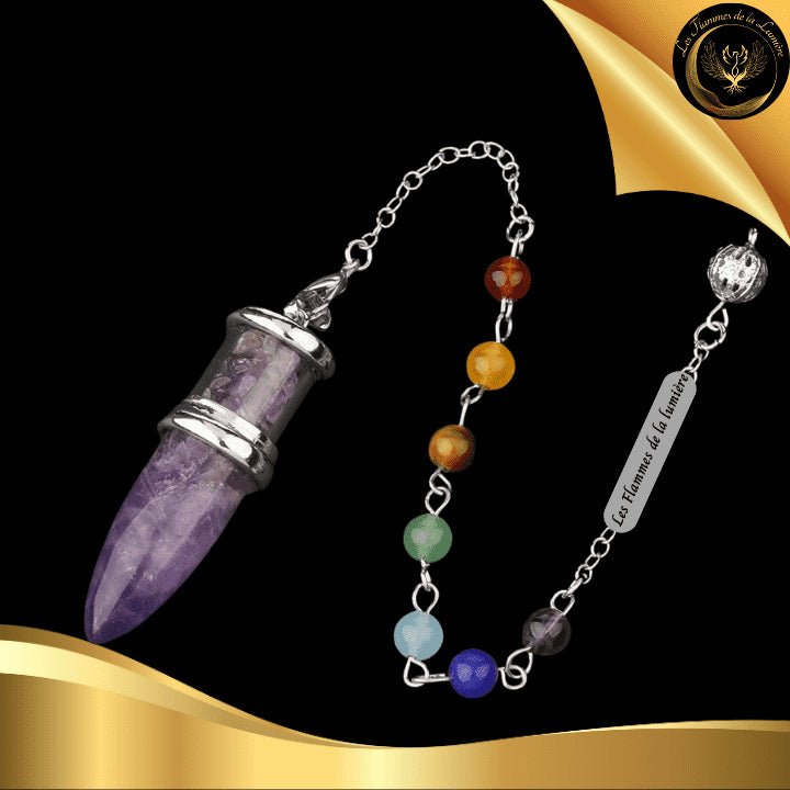 Beau Pendule 7 chakras & Améthyste disponible chez Les Flammes de la Lumière