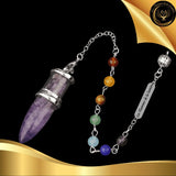 Beau Pendule 7 chakras & Améthyste disponible chez Les Flammes de la Lumière