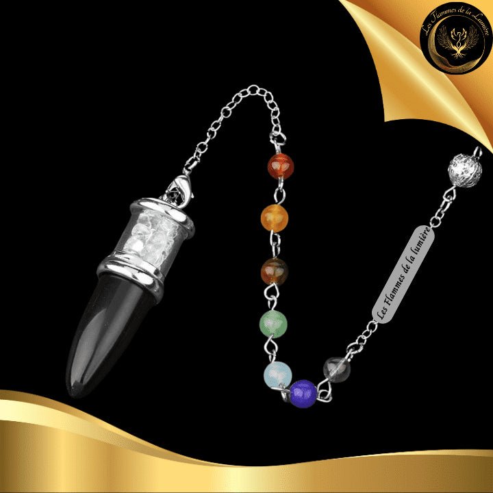 Beau Pendule 7 chakras - Onyx noir & Cristal de Roche disponible chez Les Flammes de la Lumière