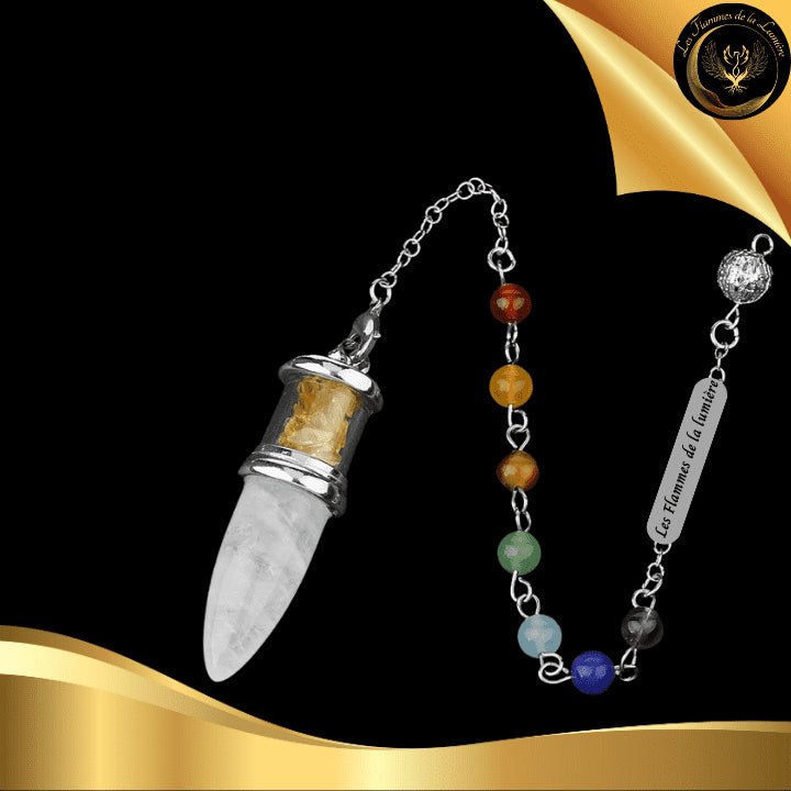 Beau Pendule 7 chakras - Cristal de Roche & Citrine disponible chez Les Flammes de la Lumière