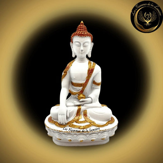 Belle Statue Bouddha blanc & or - 20cm - disponible chez Les Flammes de la Lumière