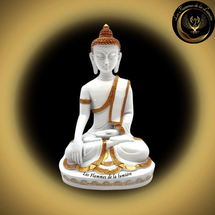 Belle Statue Bouddha blanc & or - 28cm - disponible chez Les Flammes de la Lumière