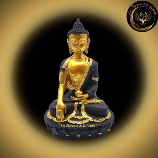 Belle Statue Bouddha noir & or - 20cm - disponible chez Les Flammes de la Lumière