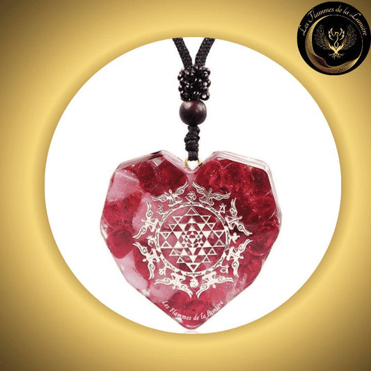 Cristal En Forme De Coeur Glaçure De Couleur Rouge Sublime Collier - pendentif orgone - Sri Tantra - Géométrie Sacrée