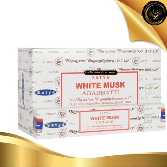 Encens Satya Musc Blanc 15g - 12 Bâtons d'Encens disponible chez Les Flammes de la Lumière