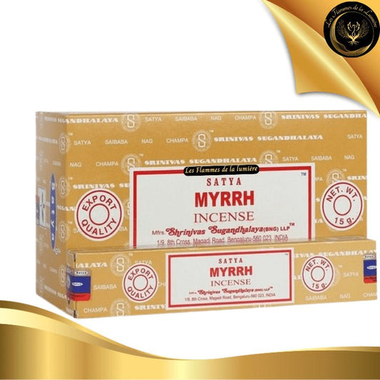 Encens Satya Myrrhe 15g- 12 Bâtons d'Encens disponible chez Les Flammes de la Lumière