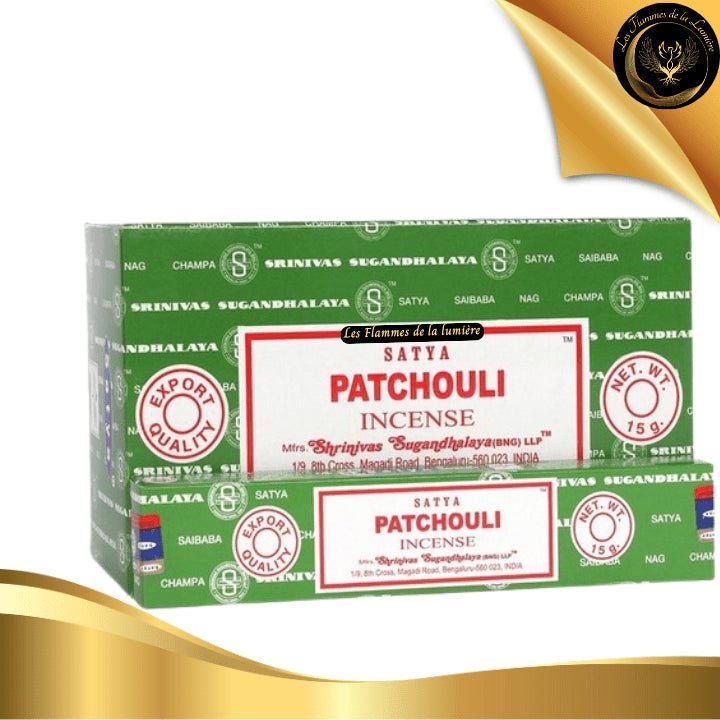 Encens Satya Patchouli 15g - 12 Bâtons d'Encens disponible chez Les Flammes de la Lumière