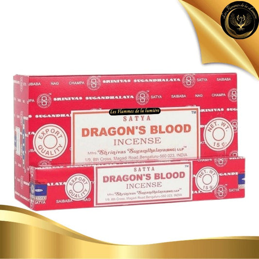 Encens Satya Sang de Dragon 15g - 12 Bâtons d'Encens disponible chez Les Flammes de la Lumière