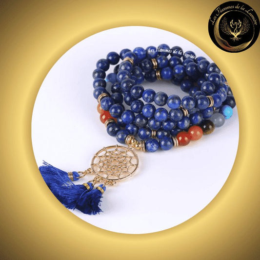 Lapis Lazuli - Magnifique bracelet Mala Tibétain 7 chakras - Attrape-rêves - 108 perles - 8mm disponible chez Les Flammes de la Lumière