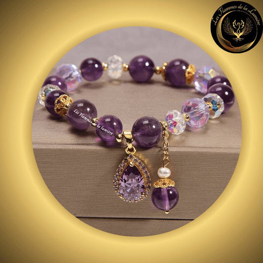 Magnifique bracelet en Améthyste, Cristal & zircon disponible chez Les Flammes de la Lumière