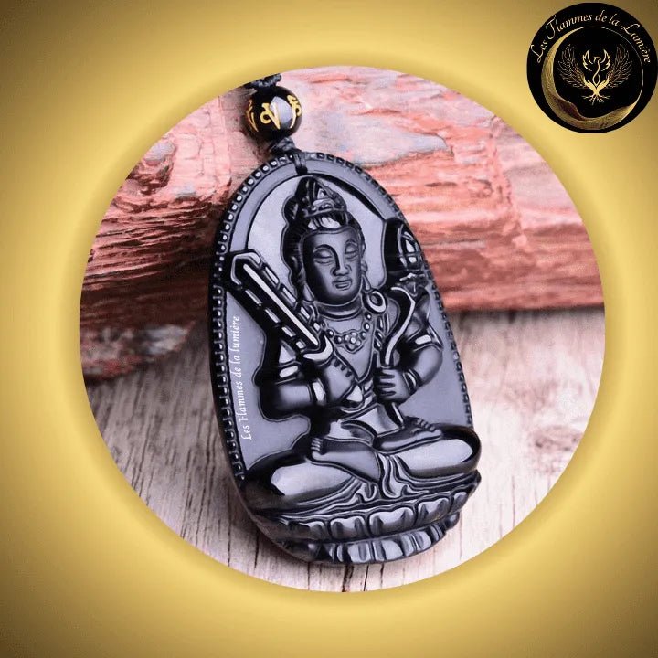 Obsidienne noire sculptée - Sublime collier Bouddha Amitabha - Amulette de Chance & Protection disponible chez Les Flammes de la Lumière